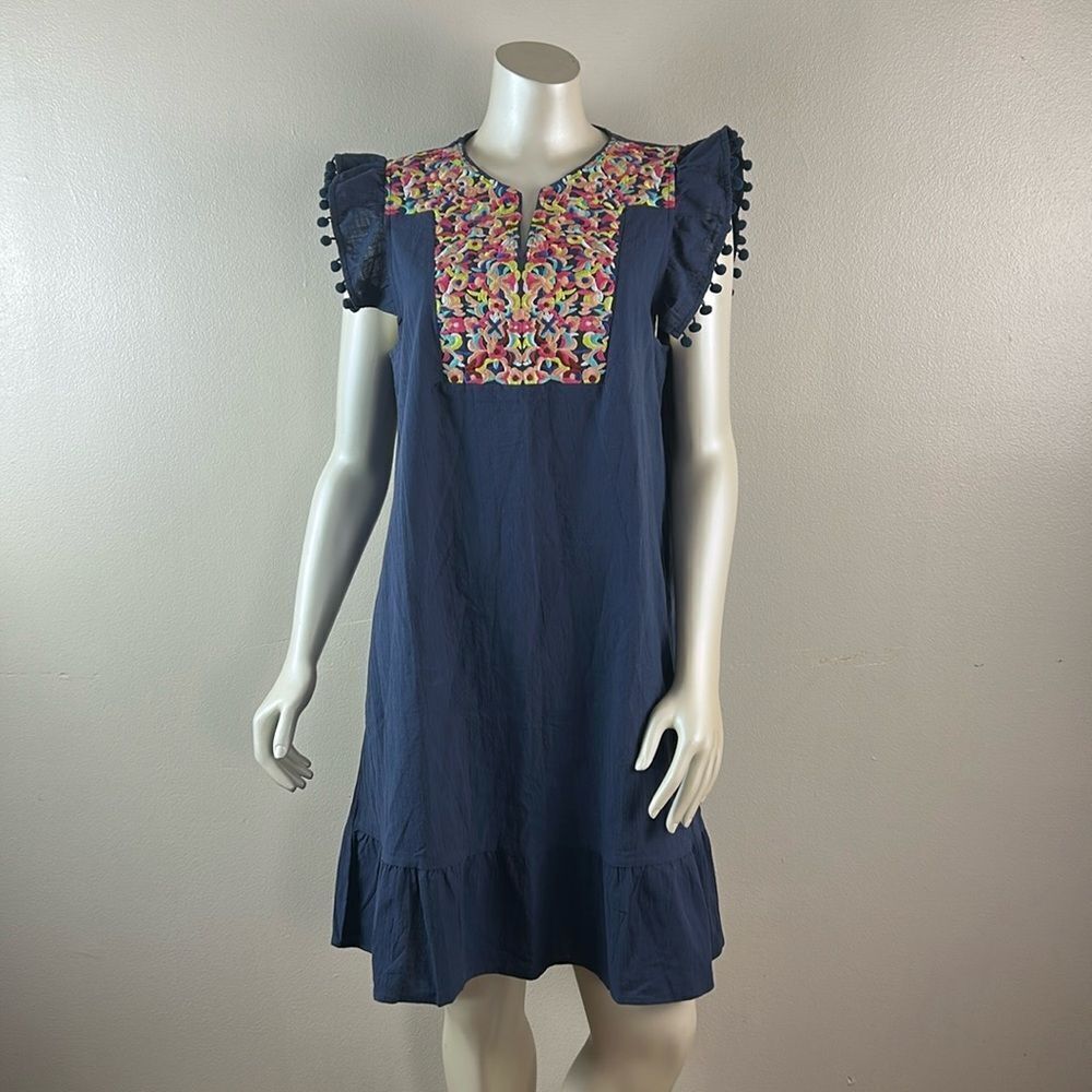 KIRUNDO Womens navy colorful sleeveless shift Dress Floral Embroidered large L